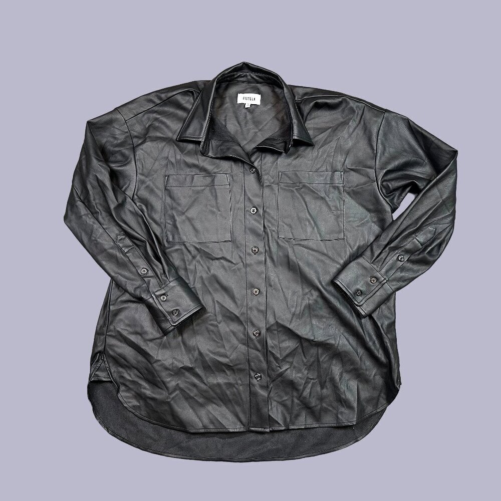 Pistola Women Black Faux Leather Collared Overshirt Button-Up Top Size Small